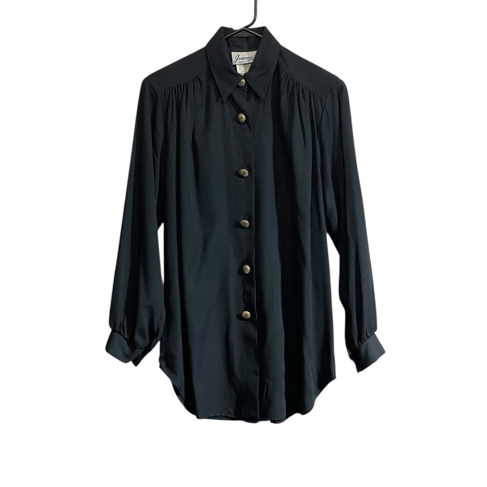 JOANNA Vintage Blouse Solid Black Gold Buttons Long Sleeve Sz Small USA NWT
